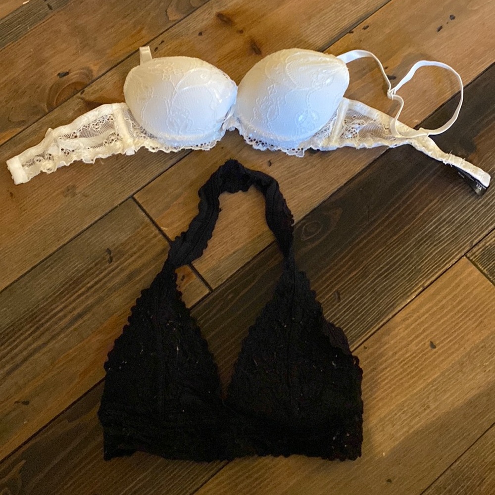 Two bras, one white push up one black bralette